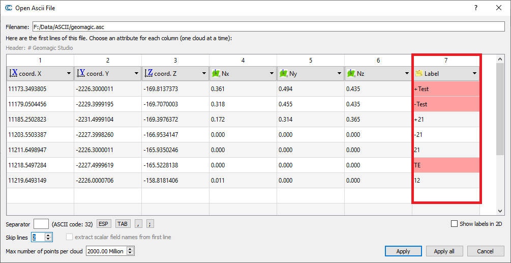 Ascii labels import dialog